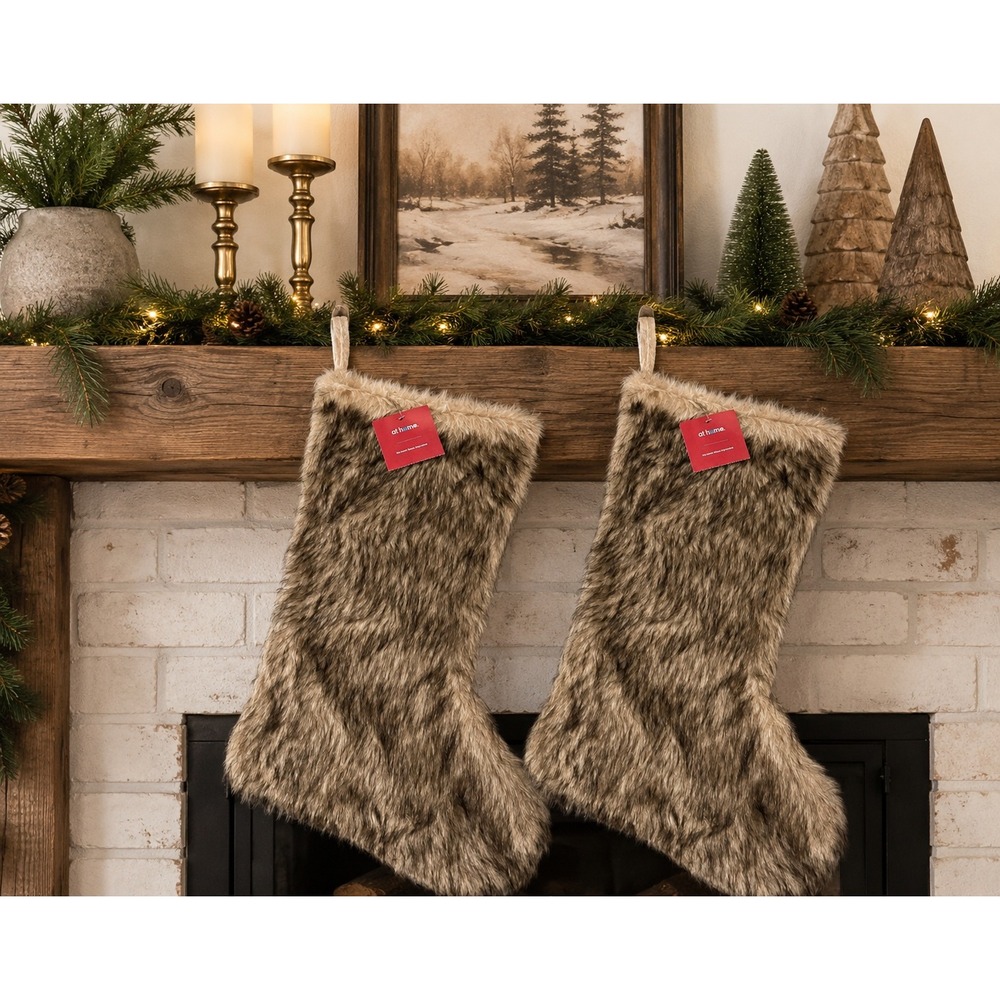 At Home Homespun Holiday Faux Fur Christmas Stockings Set of 2 Brown Beige NWT